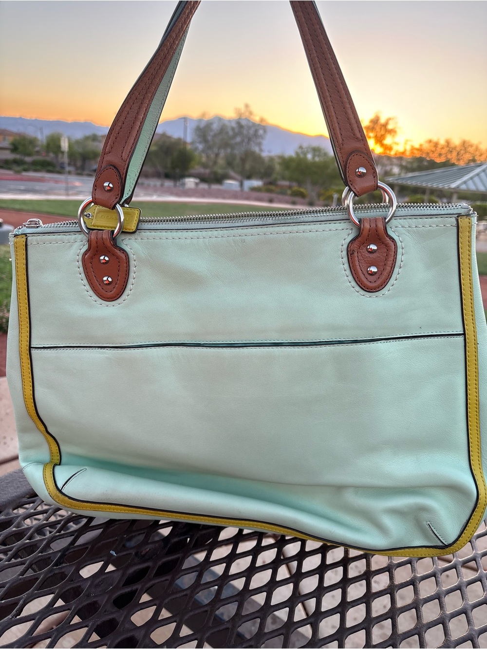 Coach Mint Green and Yellow Leather Shoulder Bag with Brown Trim - Picture 2 of 9